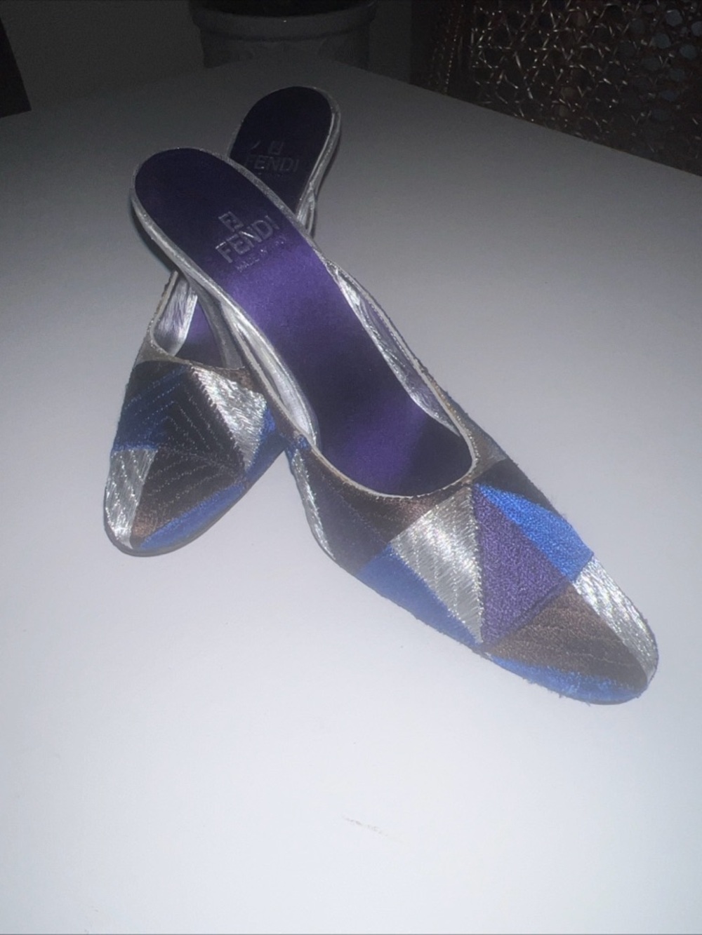 Fendi | Auth Vintage Zucca Retro Geo Closed Toe Silk Leather Mule Heel Size 36.5